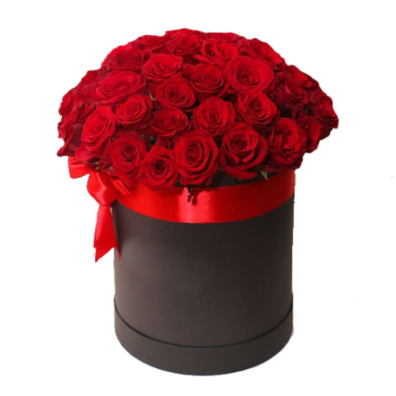 Красные розы в шляпной коробке 35 штук