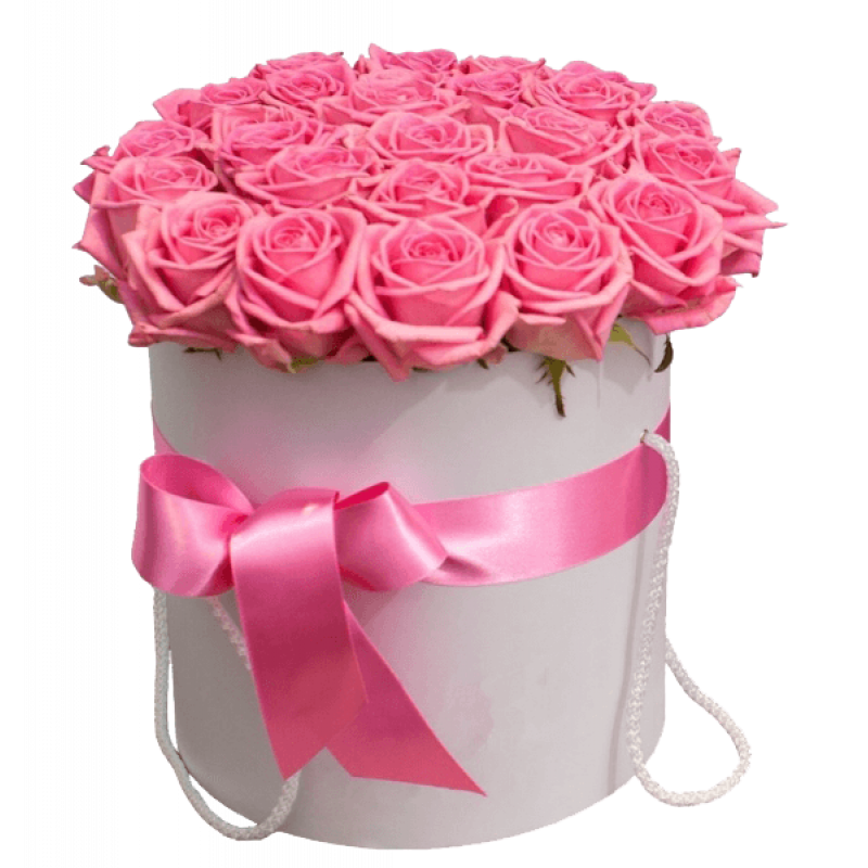 Розовые розы в шляпной коробке 25 штук
